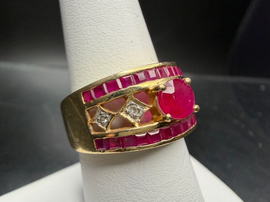 14k Gold Ruby/Diamond Ring Featuring A 6x5mm Oval Ruby, (26) 1.5x1.5mm Princess Rubies And (4) 1.2mm Round Diamonds Size 7.5 5.6g Retails $2,600 [Photo 3]