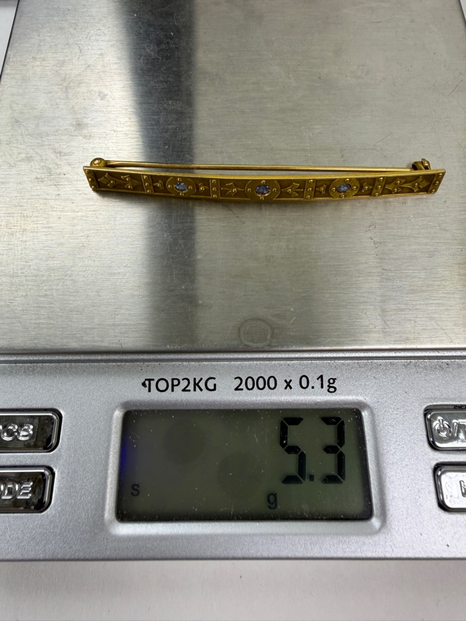 14k Gold Brooch Pin Set With (3) 2-2.2mm Round Brilliant Sapphires 2.5'L 5.3g Retails $2,000 [Photo 5]