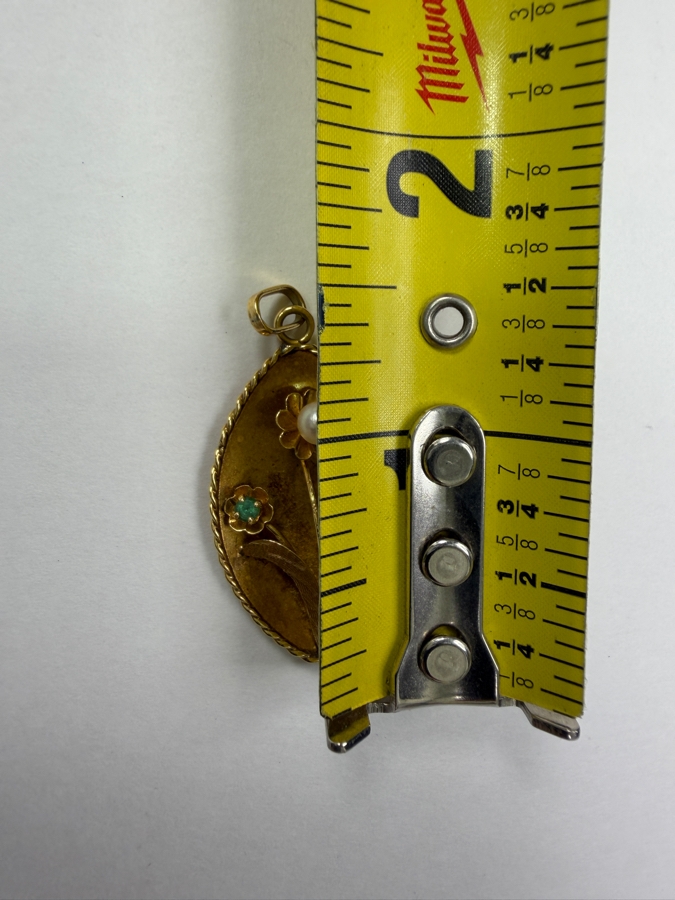 18k Gold Pendant With (2) 1.8mm Round Emeralds And (1) 4mm Cultured Pearl 1.5'L 3.3g Retails $1,800 [Photo 7]