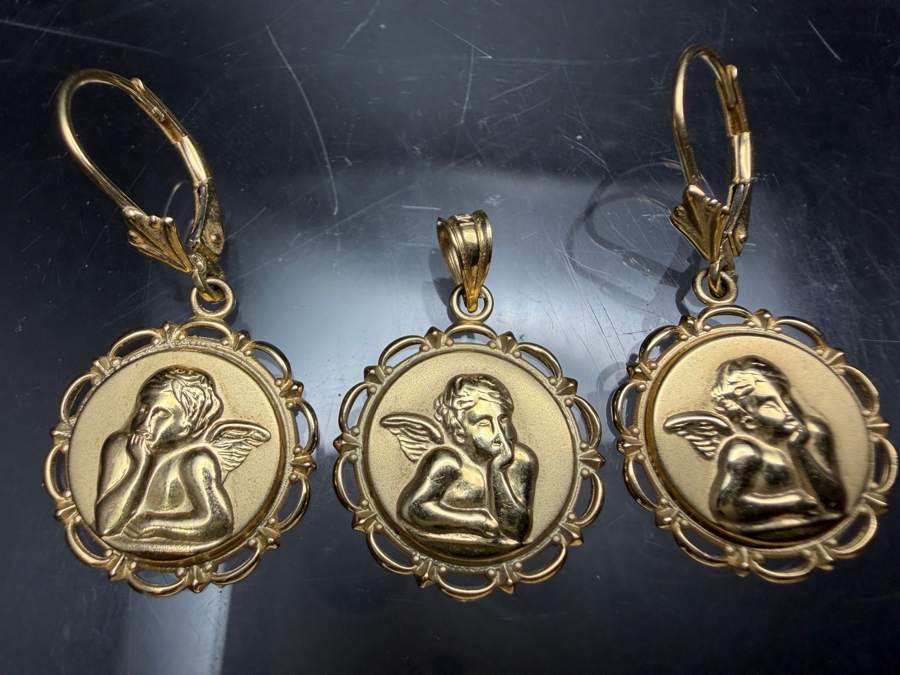 14k Gold Cherub Pendant With Matching 14k Gold Earrings 3.8g [$341 Gold Melt Value] [Photo 2]