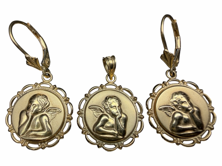 14k Gold Cherub Pendant With Matching 14k Gold Earrings 3.8g [$341 Gold Melt Value]