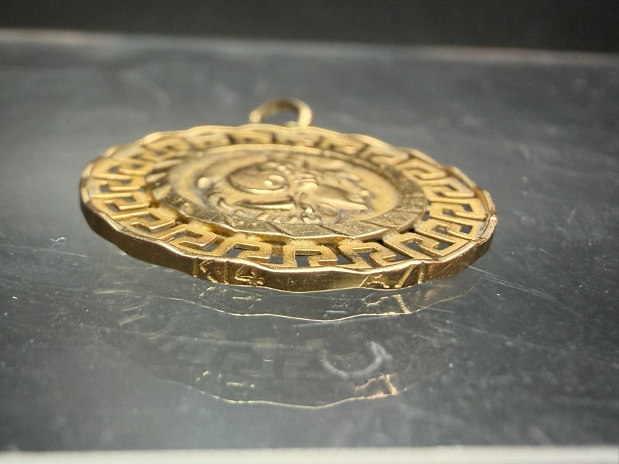 14k Gold Double Sided Greek Coin Pendant 7/8'W 2.6g [$233 Gold Melt Value] [Photo 5]