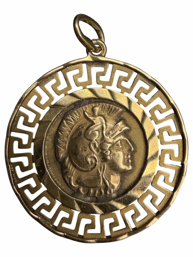 14k Gold Double Sided Greek Coin Pendant 7/8'W 2.6g [$233 Gold Melt Value]