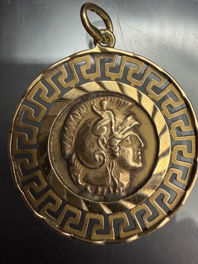 14k Gold Double Sided Greek Coin Pendant 7/8'W 2.6g [$233 Gold Melt Value] [Photo 2]