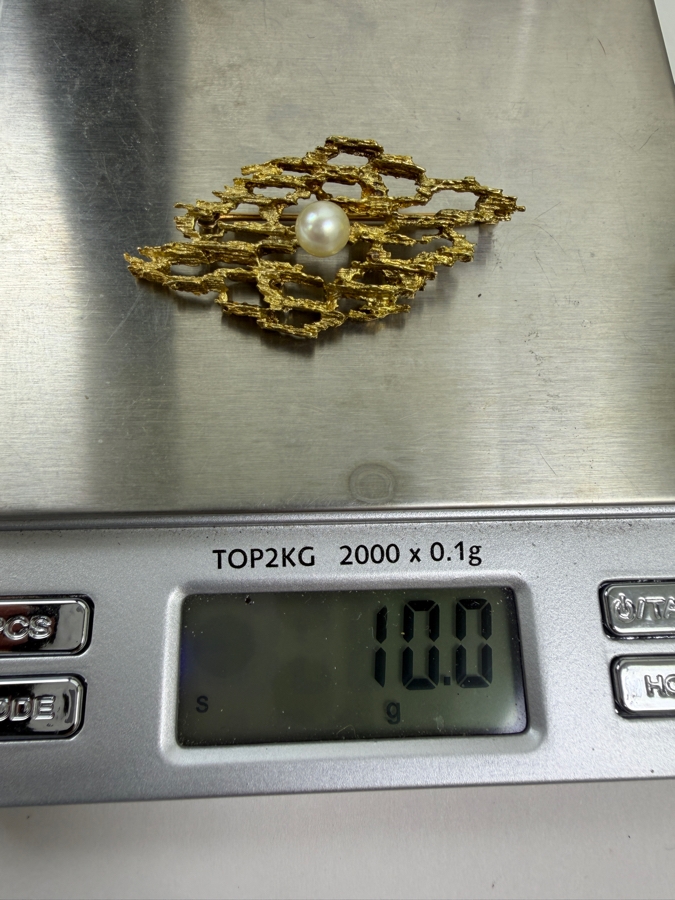 14k Gold Pearl Pendant Brooch 2'L 10.0g [$850+ Gold Melt Value] [Photo 9]