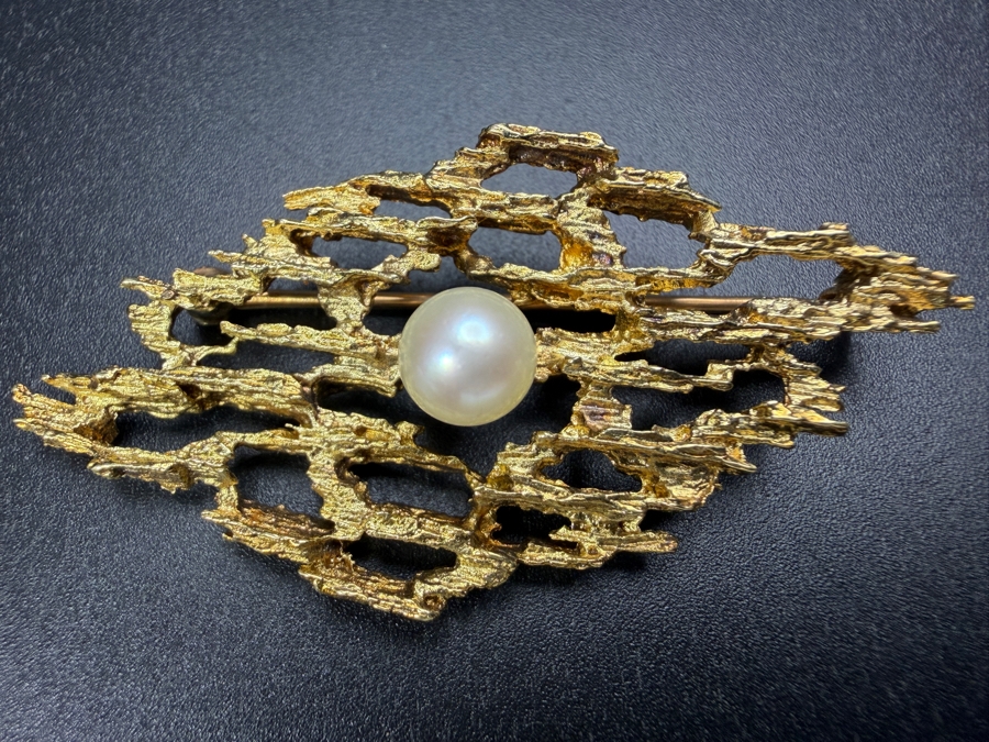 14k Gold Pearl Pendant Brooch 2'L 10.0g [$850+ Gold Melt Value] [Photo 2]