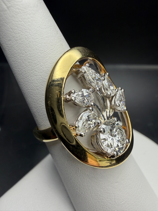 14k Gold Diamond Ring With (1) 6.5mm Round Brilliant Cut Diamond Est. 1ct F-G / SI1-VS2 Accented With (4) 5x3mm Pear Shape Diamonds F-G Est. .80cttw Size 6.5 8.1g Retails $12,100 [Photo 7]