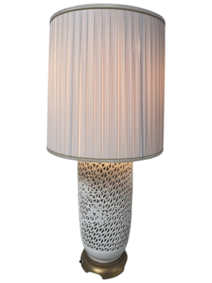 Just Added - Vintage Mid-Century Reticulated Blanc De Chine Porcelain Cherry Blossom Table Lamp With Pleated Shade 36'H
