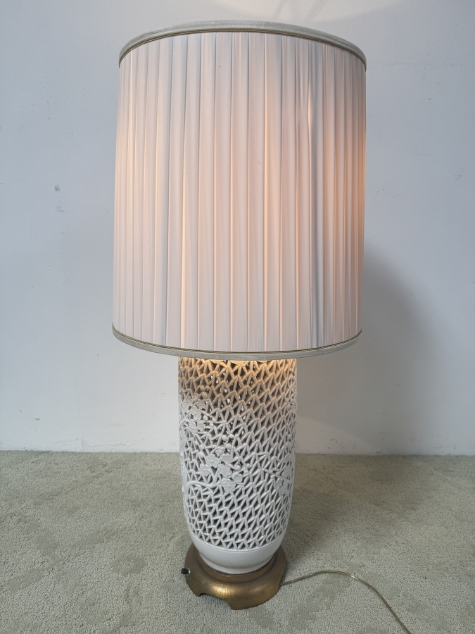 Just Added - Vintage Mid-Century Reticulated Blanc De Chine Porcelain Cherry Blossom Table Lamp With Pleated Shade 36'H [Photo 2]