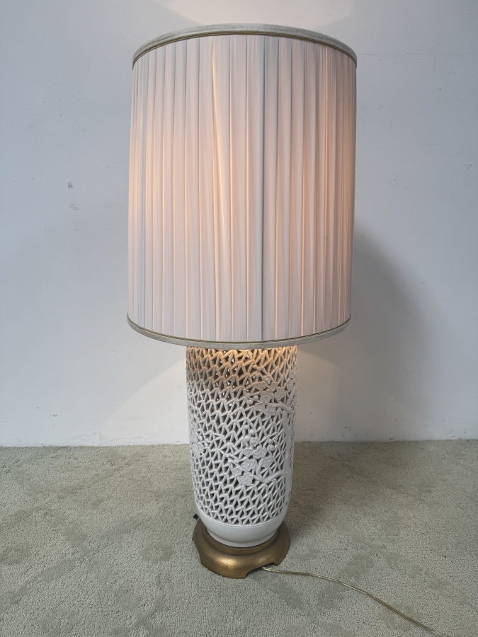 Just Added - Vintage Mid-Century Reticulated Blanc De Chine Porcelain Cherry Blossom Table Lamp With Pleated Shade 36'H [Photo 3]