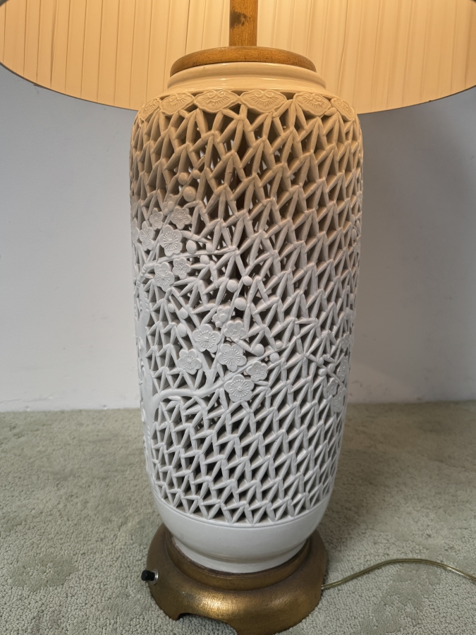 Just Added - Vintage Mid-Century Reticulated Blanc De Chine Porcelain Cherry Blossom Table Lamp With Pleated Shade 36'H [Photo 6]