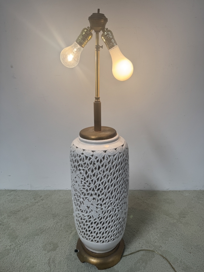 Just Added - Vintage Mid-Century Reticulated Blanc De Chine Porcelain Cherry Blossom Table Lamp With Pleated Shade 36'H [Photo 5]