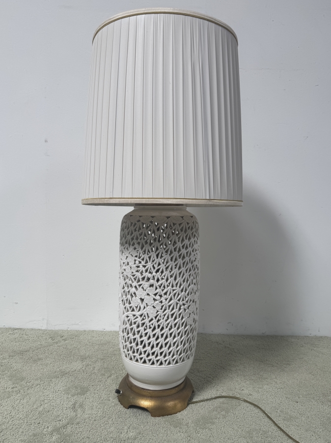 Just Added - Vintage Mid-Century Reticulated Blanc De Chine Porcelain Cherry Blossom Table Lamp With Pleated Shade 36'H [Photo 4]