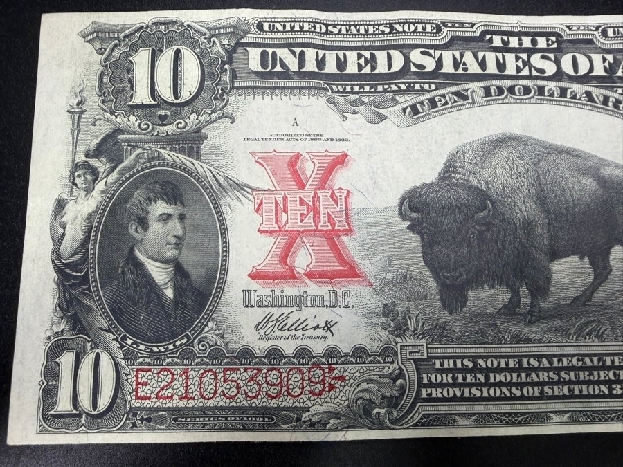 Antique United States Series Of 1901 $10 Legal Tender Note Known As The 'Bison Note' Featuring A Central Vignette Of A Bison Flanked By Portraits Of Meriwether Lewis And William Clark [Photo 3]