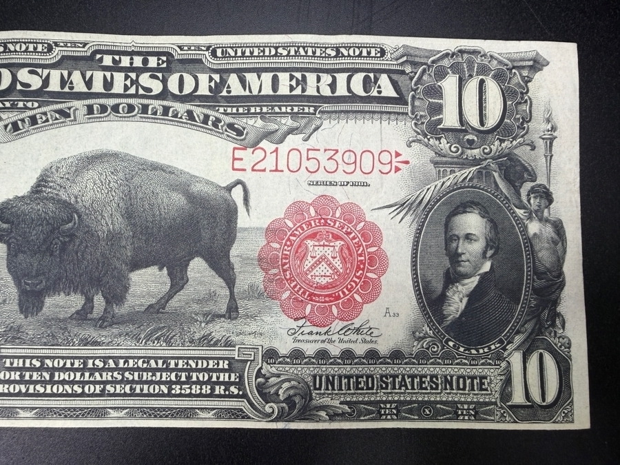 Antique United States Series Of 1901 $10 Legal Tender Note Known As The 'Bison Note' Featuring A Central Vignette Of A Bison Flanked By Portraits Of Meriwether Lewis And William Clark [Photo 4]