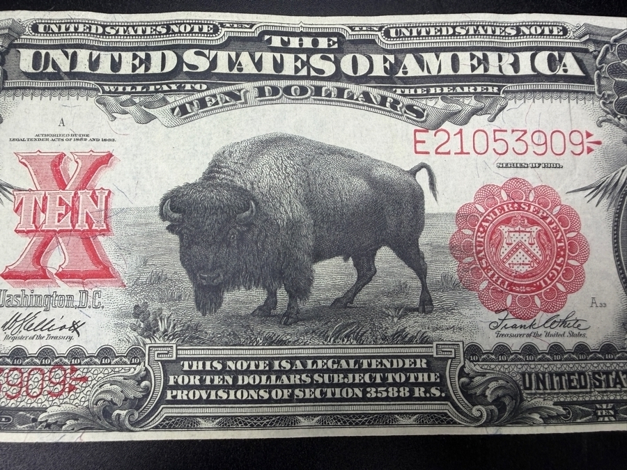 Antique United States Series Of 1901 $10 Legal Tender Note Known As The 'Bison Note' Featuring A Central Vignette Of A Bison Flanked By Portraits Of Meriwether Lewis And William Clark [Photo 2]