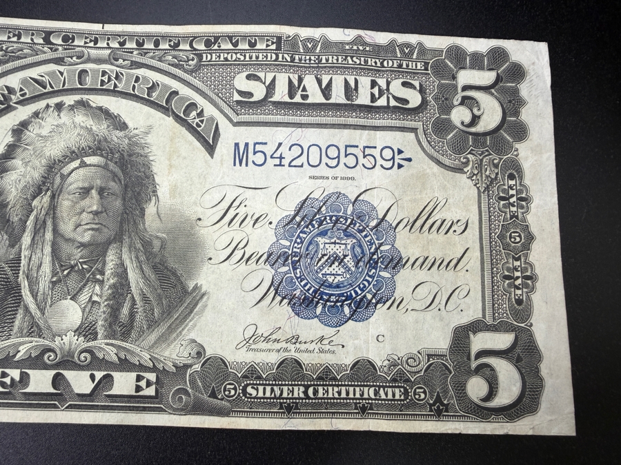 Antique United States Series Of 1899 United States Five Dollar $5 'Indian Chief' Silver Certificate Currency With Portrait Of Running Antelope [Photo 5]