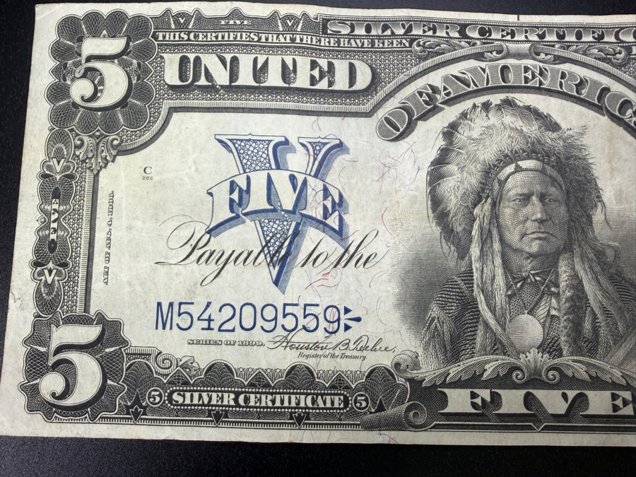 Antique United States Series Of 1899 United States Five Dollar $5 'Indian Chief' Silver Certificate Currency With Portrait Of Running Antelope [Photo 4]