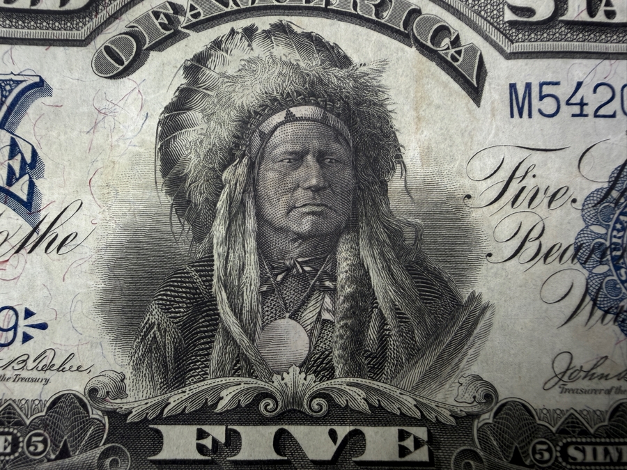 Antique United States Series Of 1899 United States Five Dollar $5 'Indian Chief' Silver Certificate Currency With Portrait Of Running Antelope [Photo 3]