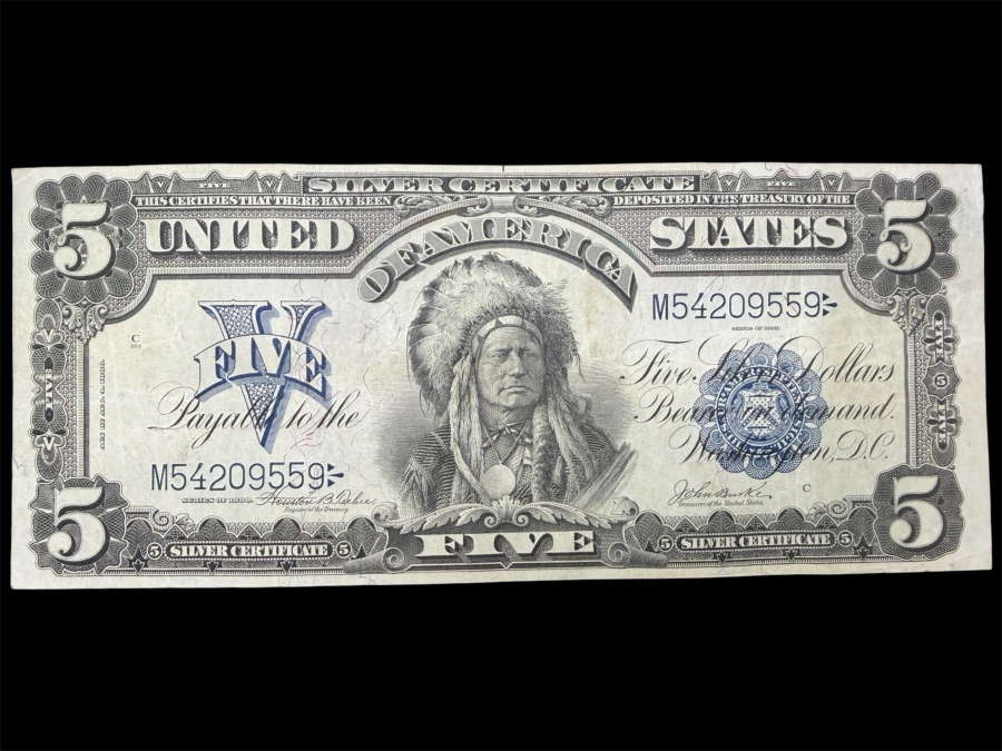 Antique United States Series Of 1899 United States Five Dollar $5 'Indian Chief' Silver Certificate Currency With Portrait Of Running Antelope