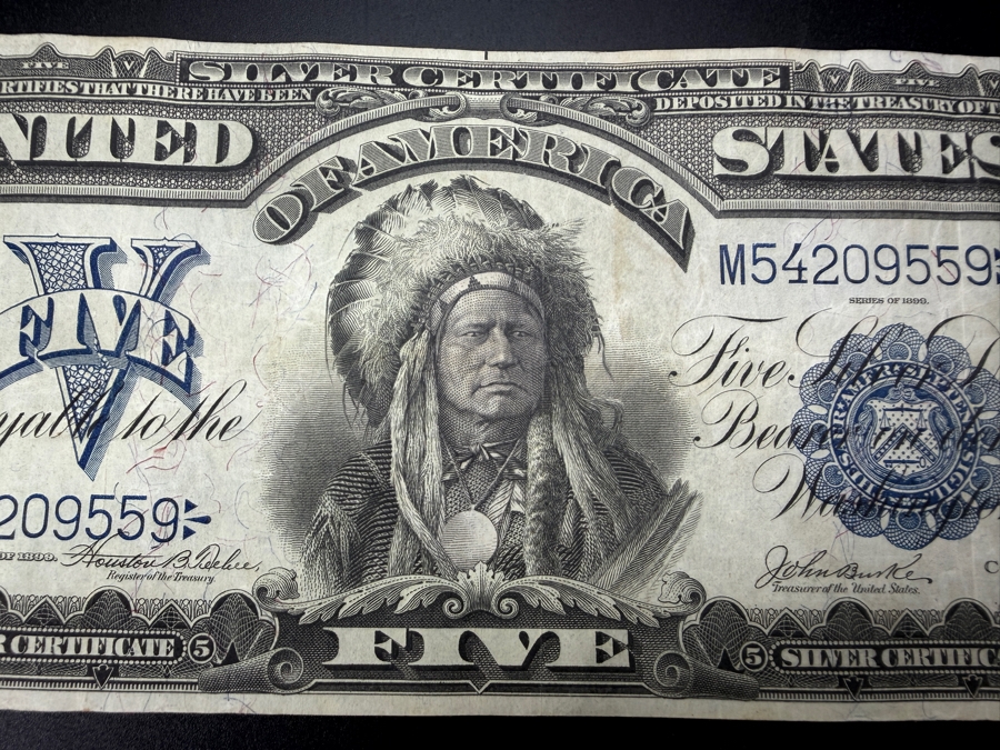 Antique United States Series Of 1899 United States Five Dollar $5 'Indian Chief' Silver Certificate Currency With Portrait Of Running Antelope [Photo 2]