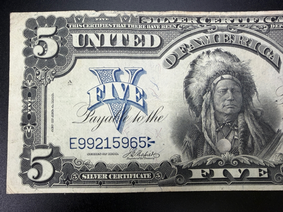 Antique United States Series Of 1899 United States Five Dollar $5 'Indian Chief' Silver Certificate Currency With Portrait Of Running Antelope [Photo 4]