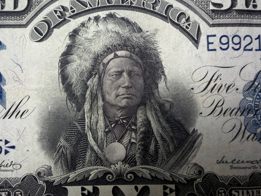 Antique United States Series Of 1899 United States Five Dollar $5 'Indian Chief' Silver Certificate Currency With Portrait Of Running Antelope [Photo 3]