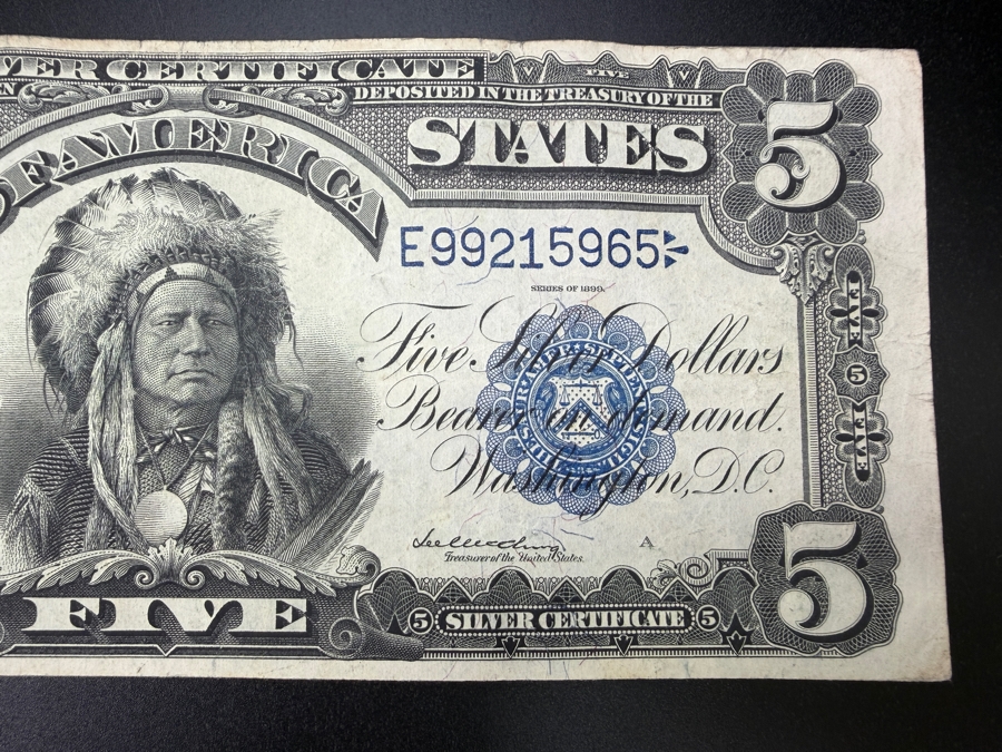 Antique United States Series Of 1899 United States Five Dollar $5 'Indian Chief' Silver Certificate Currency With Portrait Of Running Antelope [Photo 5]