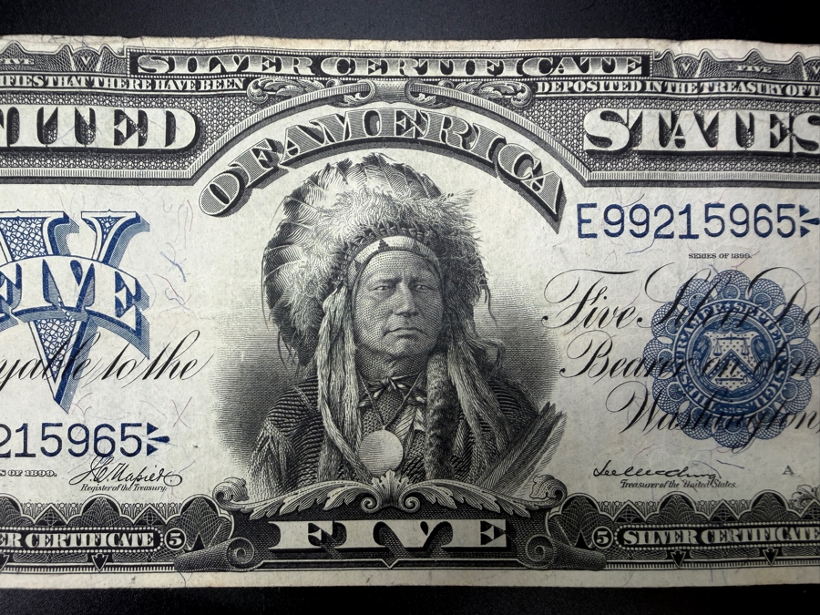 Antique United States Series Of 1899 United States Five Dollar $5 'Indian Chief' Silver Certificate Currency With Portrait Of Running Antelope [Photo 2]