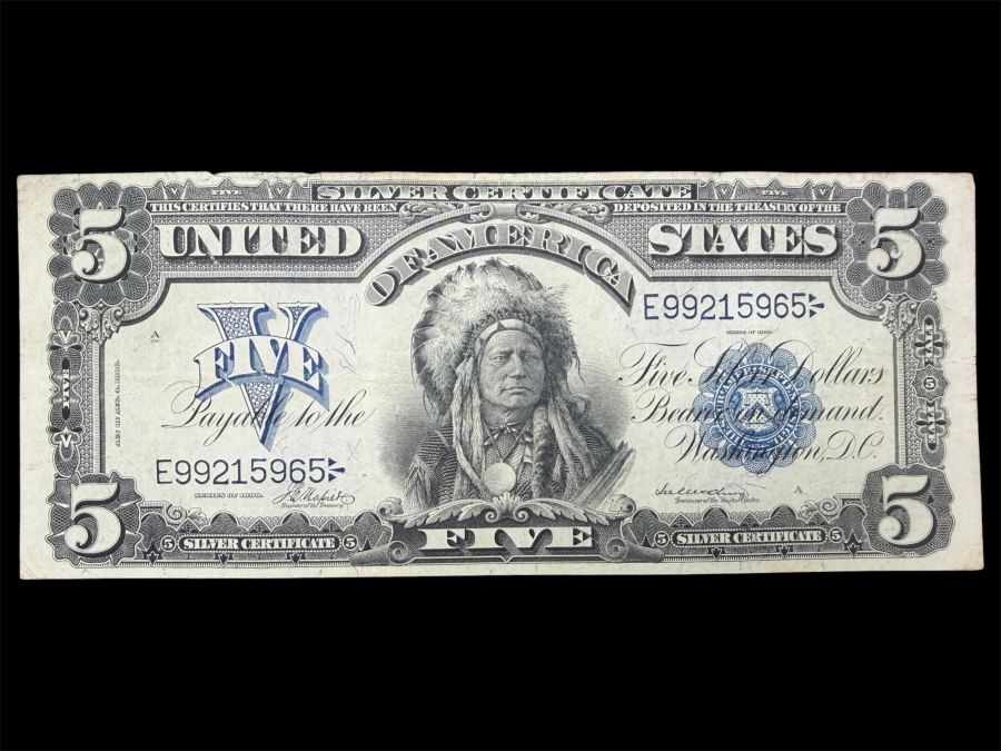 Antique United States Series Of 1899 United States Five Dollar $5 'Indian Chief' Silver Certificate Currency With Portrait Of Running Antelope
