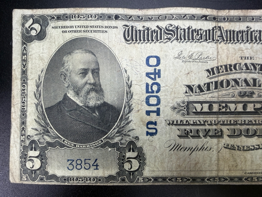 Antique United States Series Of 1902 $5 National Bank Note From The Mercantile National Bank Of Memphis, Tennessee. Featuring A Portrait Of Benjamin Harrison [Photo 2]