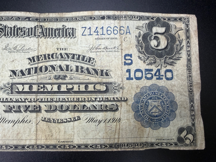 Antique United States Series Of 1902 $5 National Bank Note From The Mercantile National Bank Of Memphis, Tennessee. Featuring A Portrait Of Benjamin Harrison [Photo 4]