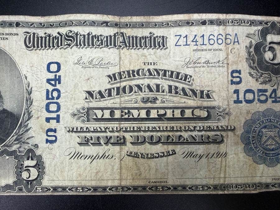 Antique United States Series Of 1902 $5 National Bank Note From The Mercantile National Bank Of Memphis, Tennessee. Featuring A Portrait Of Benjamin Harrison [Photo 3]