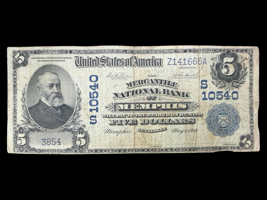 Antique United States Series Of 1902 $5 National Bank Note From The Mercantile National Bank Of Memphis, Tennessee. Featuring A Portrait Of Benjamin Harrison
