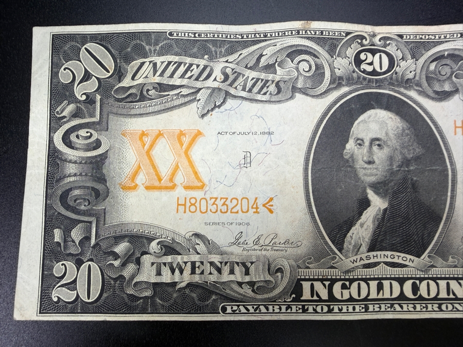 Antique United States Series Of 1906 $20 United States Gold Certificate Banknote Currency That Was Originally Redeemable For Physical Gold [Photo 4]