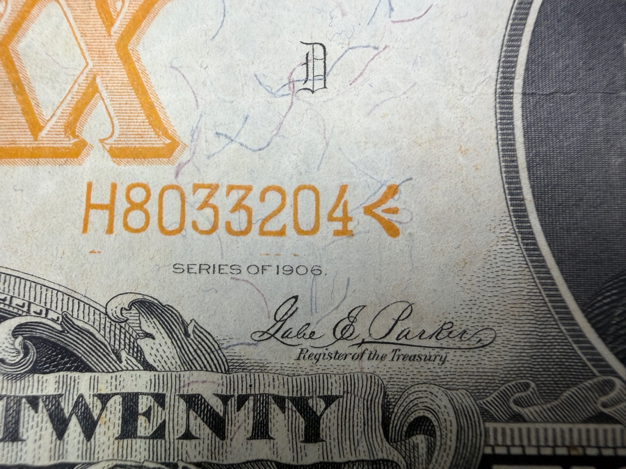 Antique United States Series Of 1906 $20 United States Gold Certificate Banknote Currency That Was Originally Redeemable For Physical Gold [Photo 5]