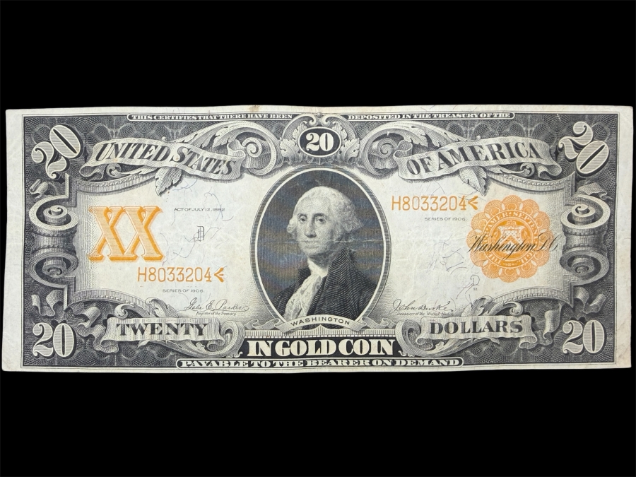 Antique United States Series Of 1906 $20 United States Gold Certificate Banknote Currency That Was Originally Redeemable For Physical Gold