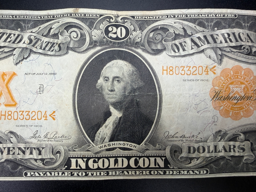 Antique United States Series Of 1906 $20 United States Gold Certificate Banknote Currency That Was Originally Redeemable For Physical Gold [Photo 2]