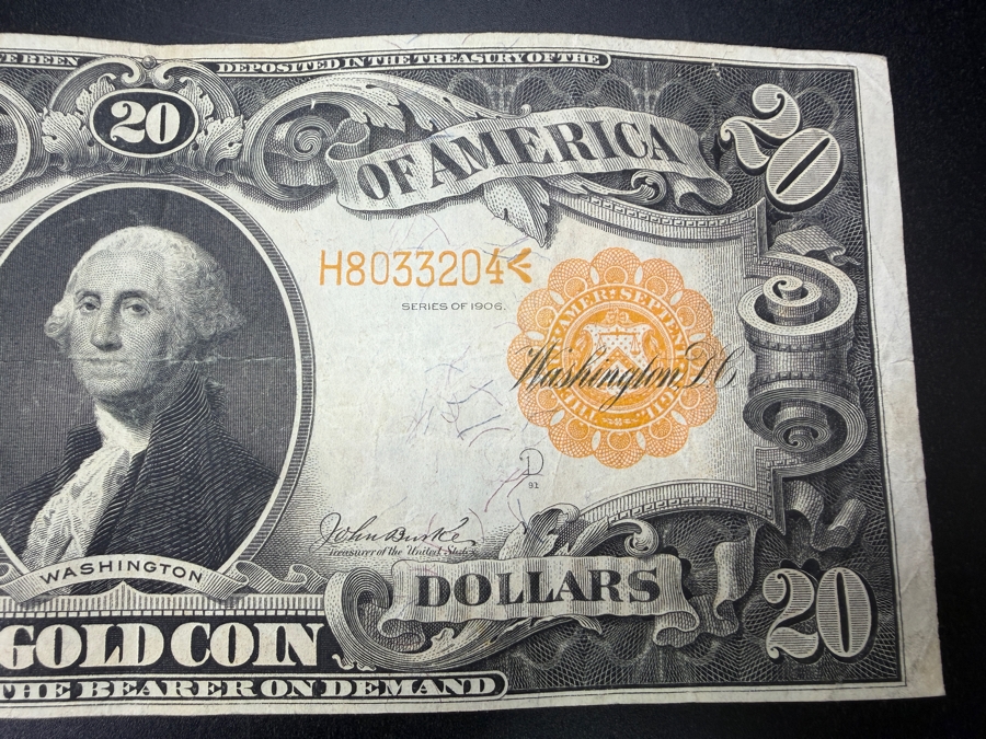 Antique United States Series Of 1906 $20 United States Gold Certificate Banknote Currency That Was Originally Redeemable For Physical Gold [Photo 6]