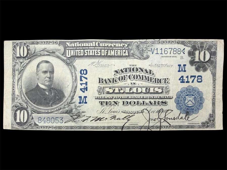 Antique United States $10 National Bank Note Currency From The Series Of 1902 Issued By The National Bank Of Commerce In St. Louis, Missouri