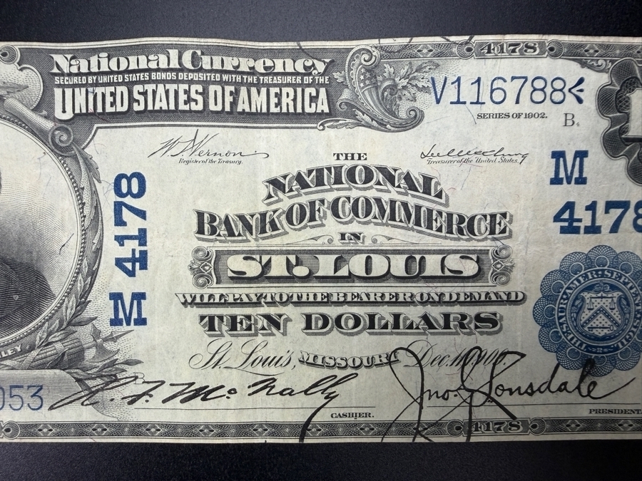 Antique United States $10 National Bank Note Currency From The Series Of 1902 Issued By The National Bank Of Commerce In St. Louis, Missouri [Photo 3]