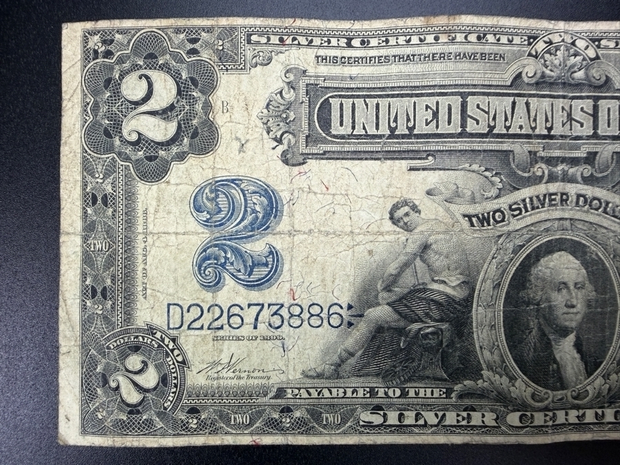 Antique United States 1899 Series $2 'Mini Porthole' Silver Certificate Recognized By The Small Central Portrait Of George Washington [Photo 4]
