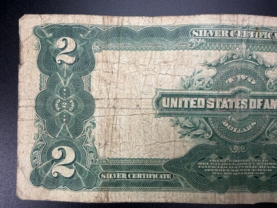 Antique United States 1899 Series $2 'Mini Porthole' Silver Certificate Recognized By The Small Central Portrait Of George Washington [Photo 10]