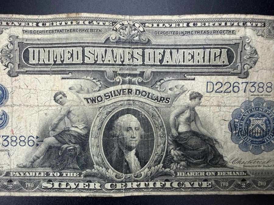 Antique United States 1899 Series $2 'Mini Porthole' Silver Certificate Recognized By The Small Central Portrait Of George Washington [Photo 2]