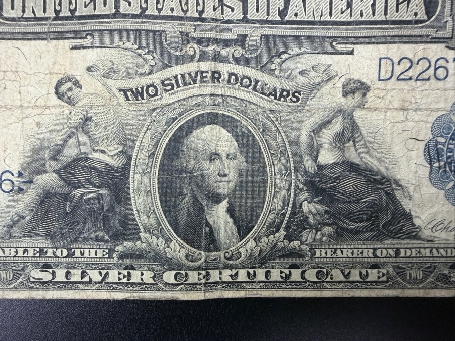 Antique United States 1899 Series $2 'Mini Porthole' Silver Certificate Recognized By The Small Central Portrait Of George Washington [Photo 3]