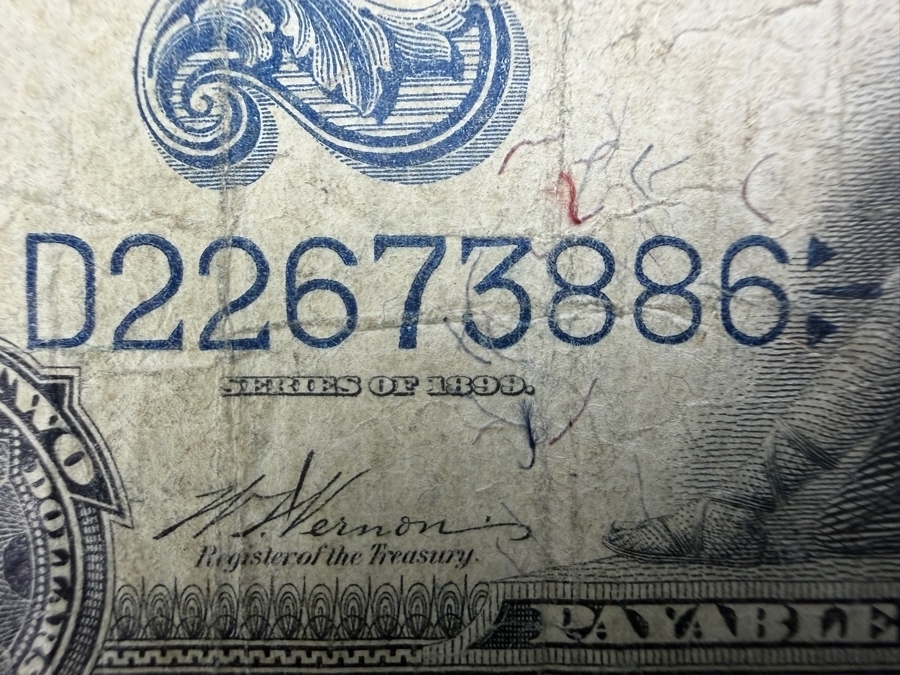 Antique United States 1899 Series $2 'Mini Porthole' Silver Certificate Recognized By The Small Central Portrait Of George Washington [Photo 5]