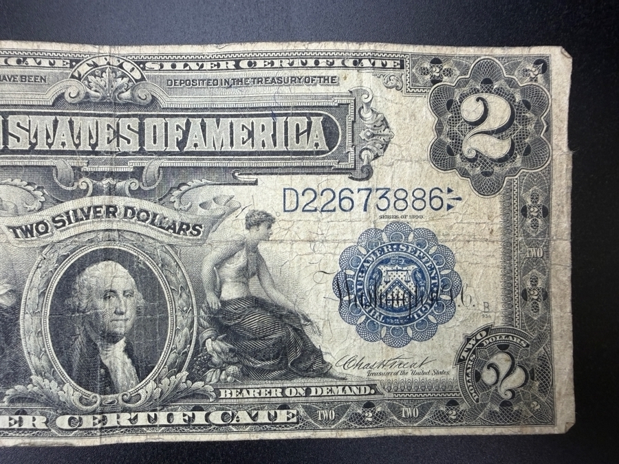 Antique United States 1899 Series $2 'Mini Porthole' Silver Certificate Recognized By The Small Central Portrait Of George Washington [Photo 6]