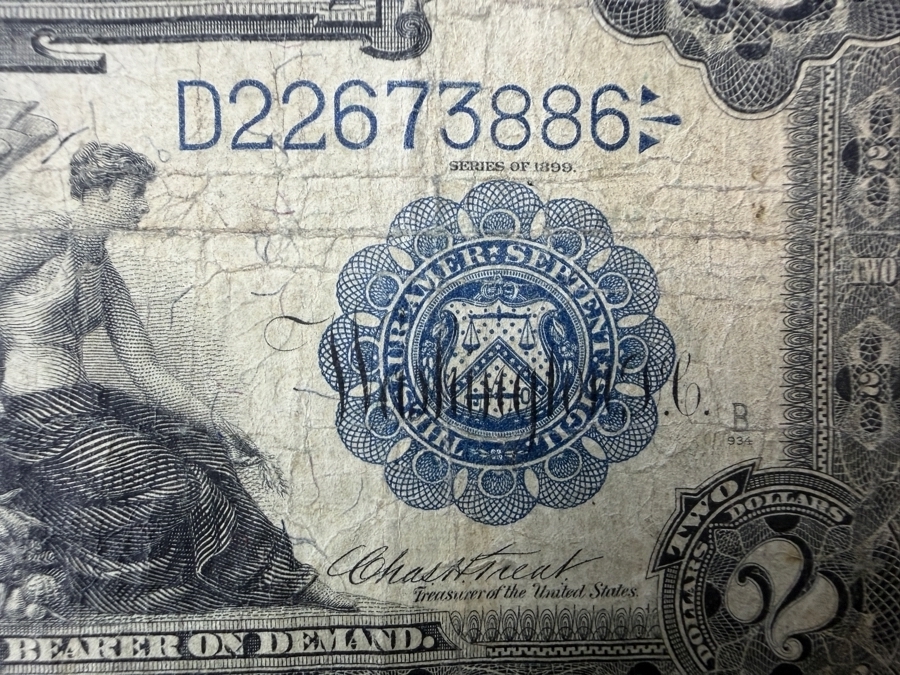 Antique United States 1899 Series $2 'Mini Porthole' Silver Certificate Recognized By The Small Central Portrait Of George Washington [Photo 7]