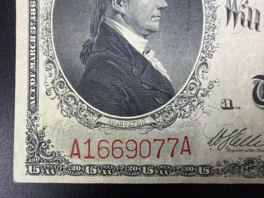 Antique United States 1880 $20 United States Legal Tender Note Currency Featuring A Portrait Of Alexander Hamilton [Photo 8]