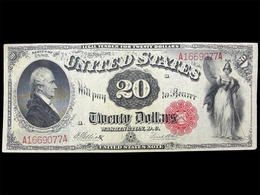 Antique United States 1880 $20 United States Legal Tender Note Currency Featuring A Portrait Of Alexander Hamilton